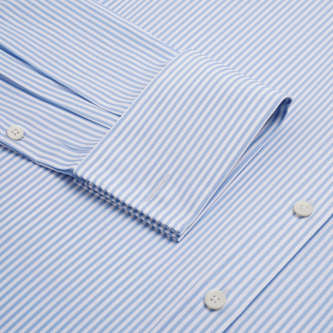 Pale Blue & White Tailored Fit Double Cuff Essential Bengal Stripe Formal Shirt