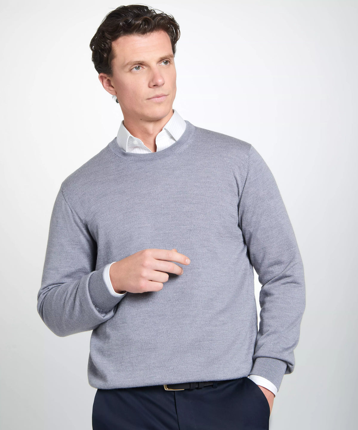 Pale Grey Merino Wool Crew Neck Sweater