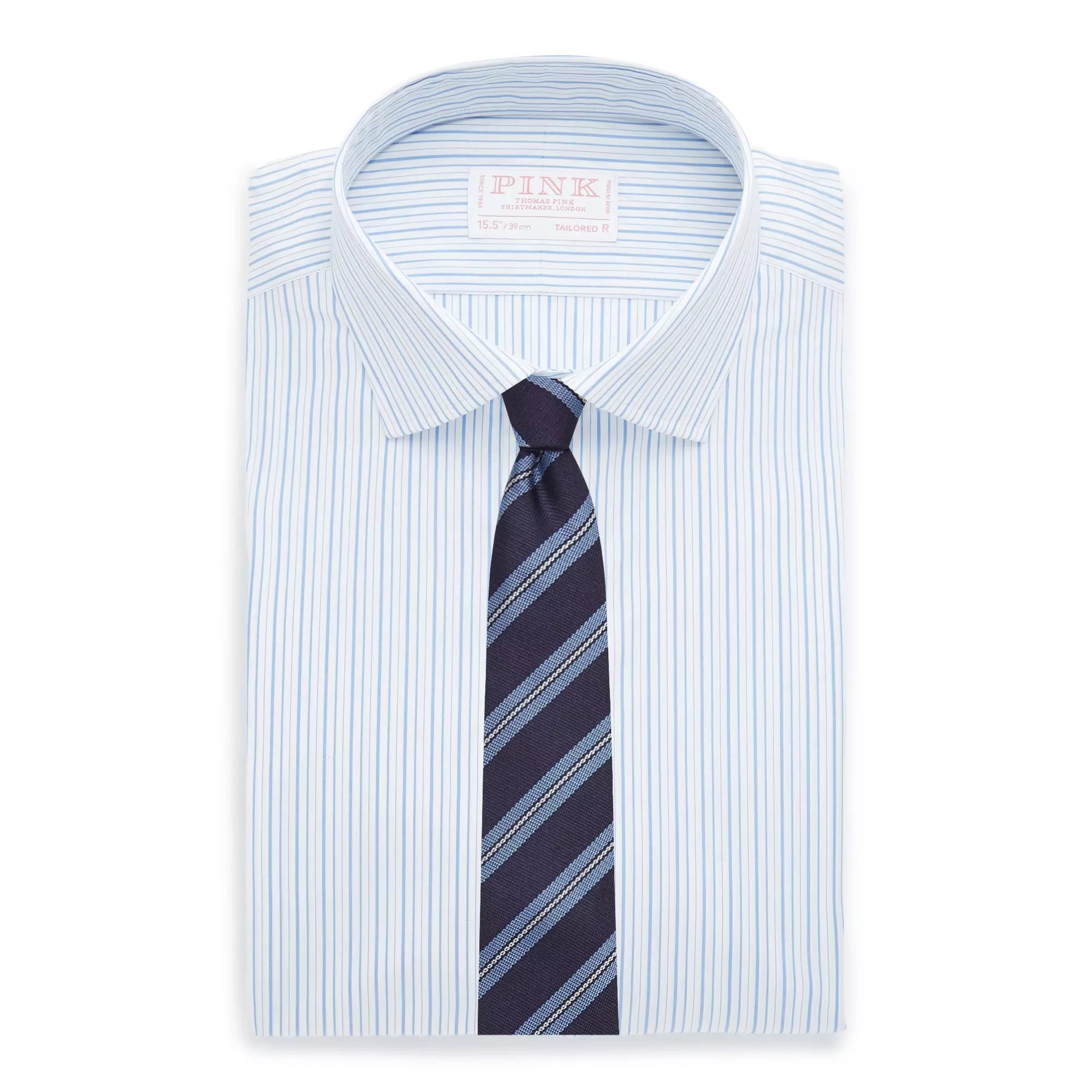 Pale Blue & White Tailored Fit Thick & Thin Stripe Formal Shirt