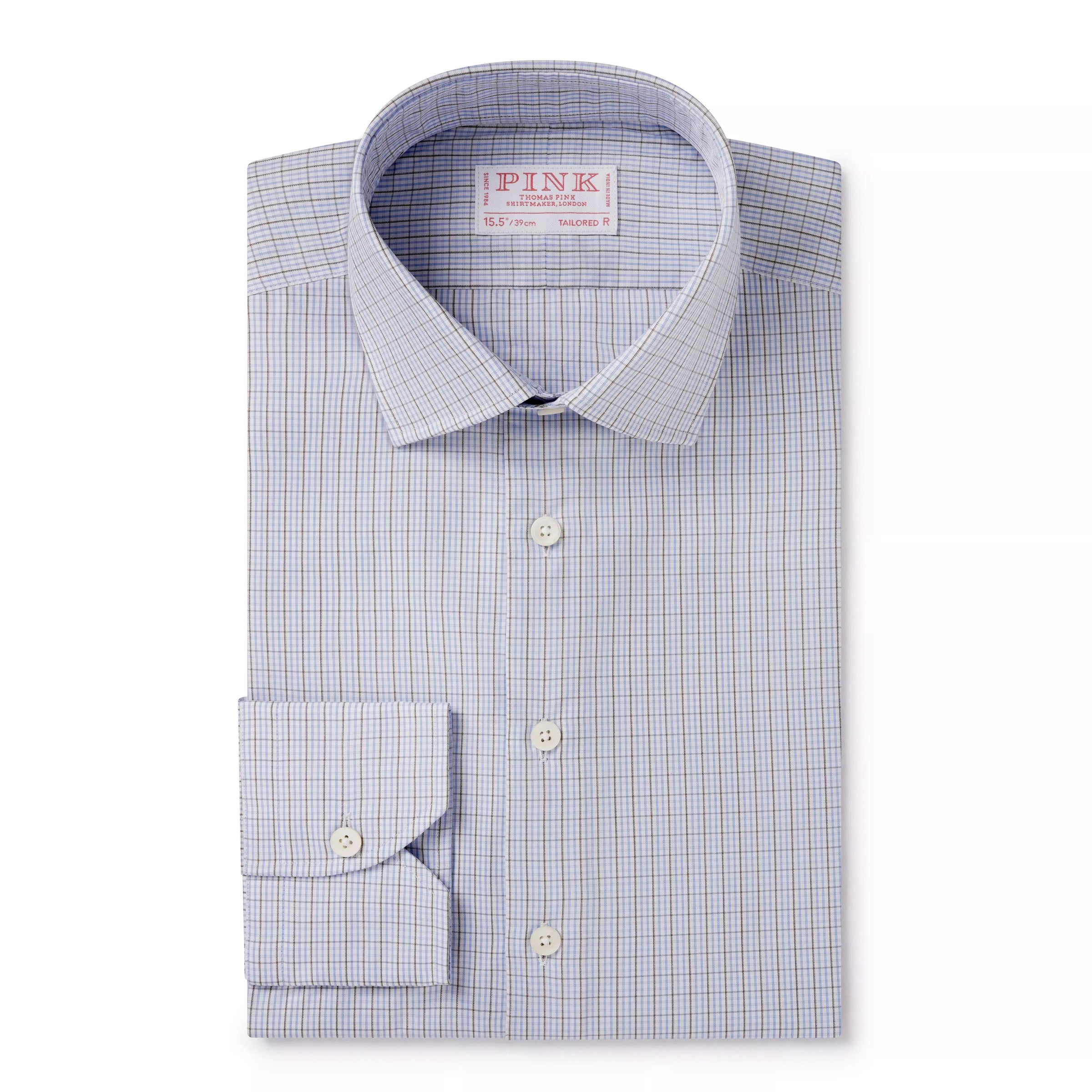 Pale Blue & Green Tailored Fit Graph Check Formal Shirt