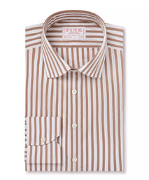 Brown & White Slim Fit Natural Stretch Stripe Formal Shirt