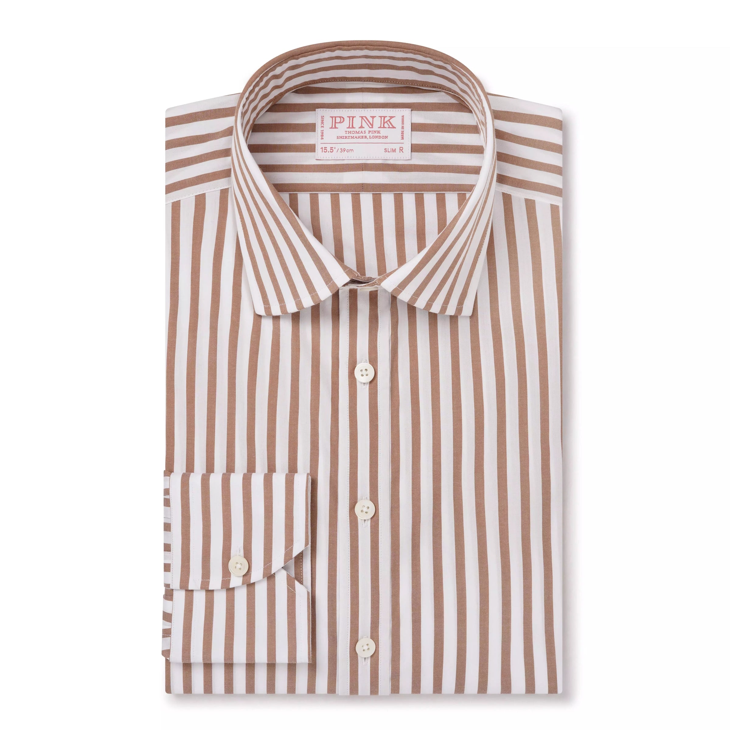 Brown & White Slim Fit Natural Stretch Stripe Formal Shirt